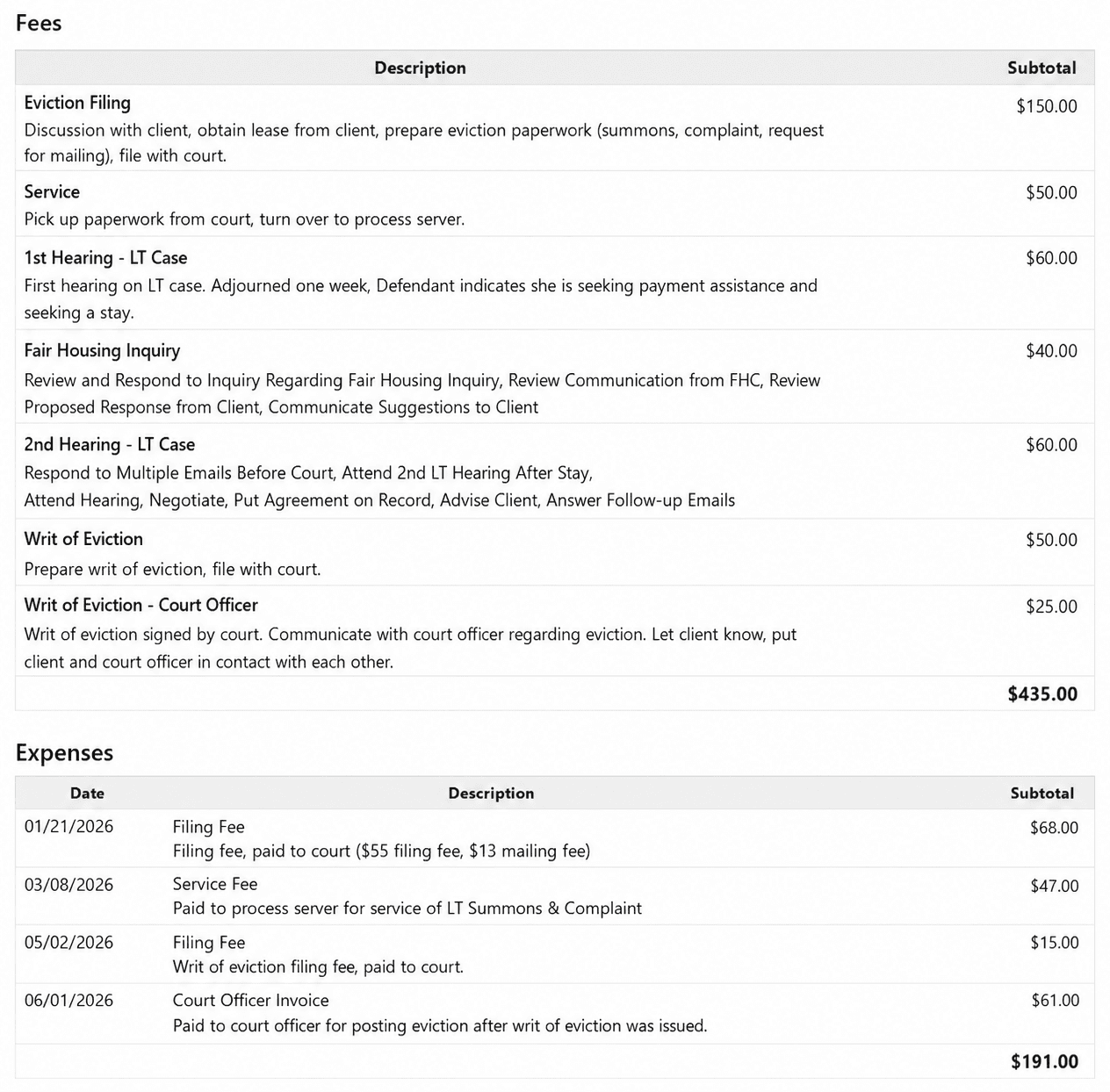 미국 퇴거 소송 변호사 인보이스 — $626 전체 항목